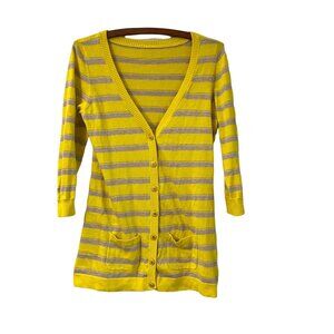 Juicy Couture Yellow Beige Striped Gold Buttons Cardigan Sweater Size Medium
